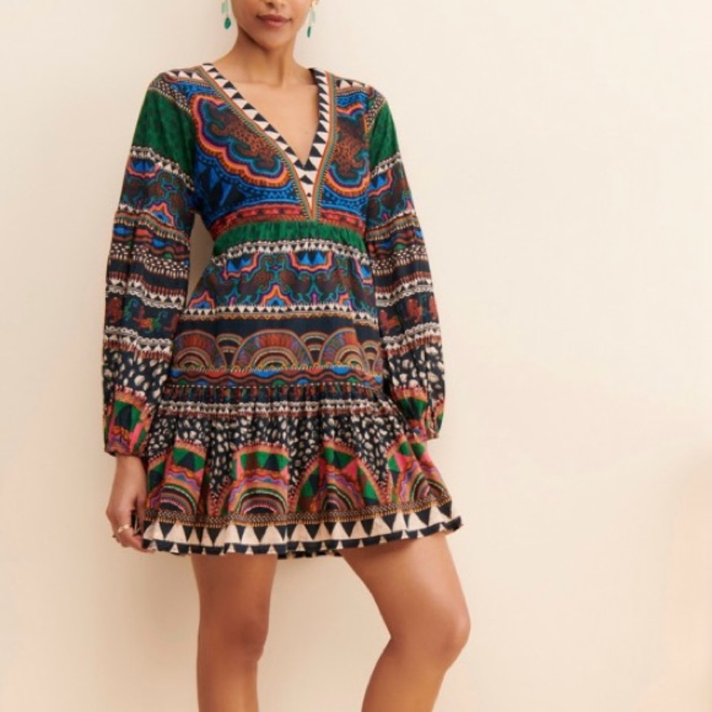 FARM Rio V-Neck Printed Tunic Mini Dress